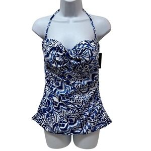 Lauren Ralph Lauren Blue White Paisley Tankini Top Slimming Fit Halter 14 NEW